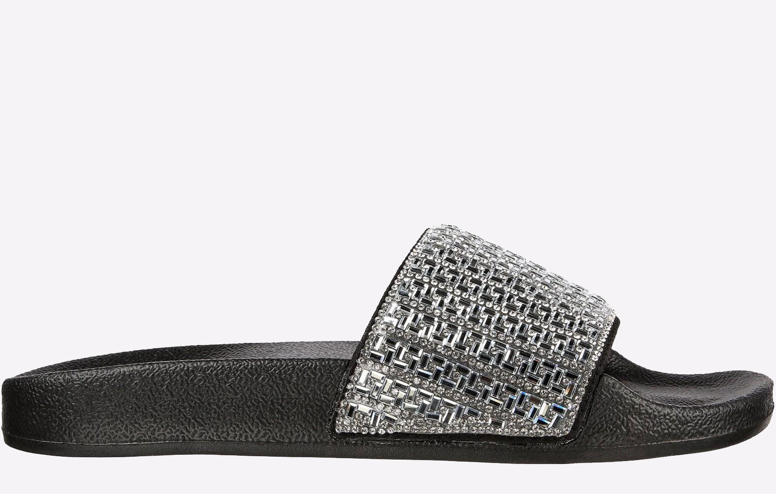 SKECHERS WOMENS POP UP NEW SPARKLE SLIDE BLACK