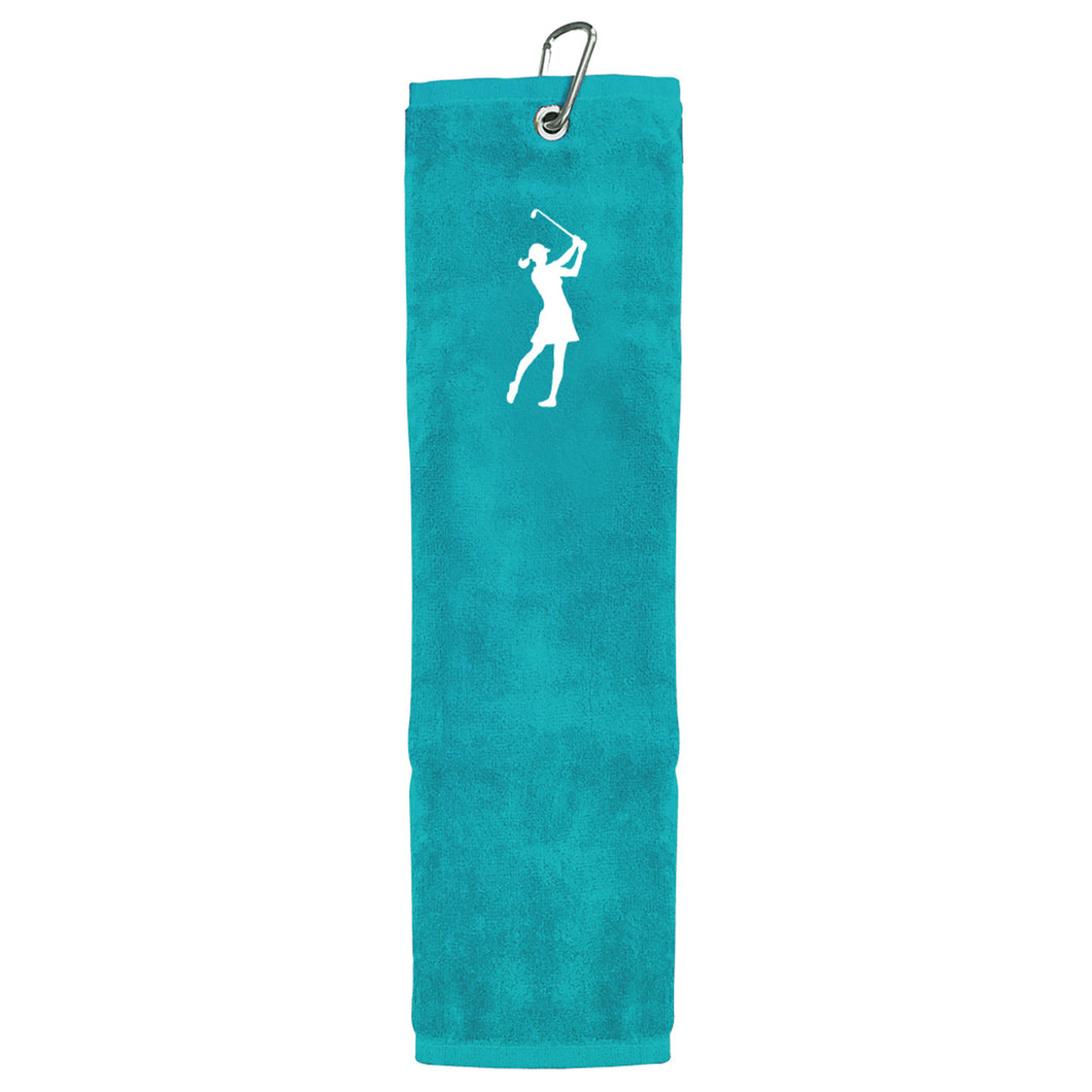 SURPRIZESHOP LADY GOLFER EMBROIDED TERRY COTTON TRIFOLD GOLF TOWEL- AQUA